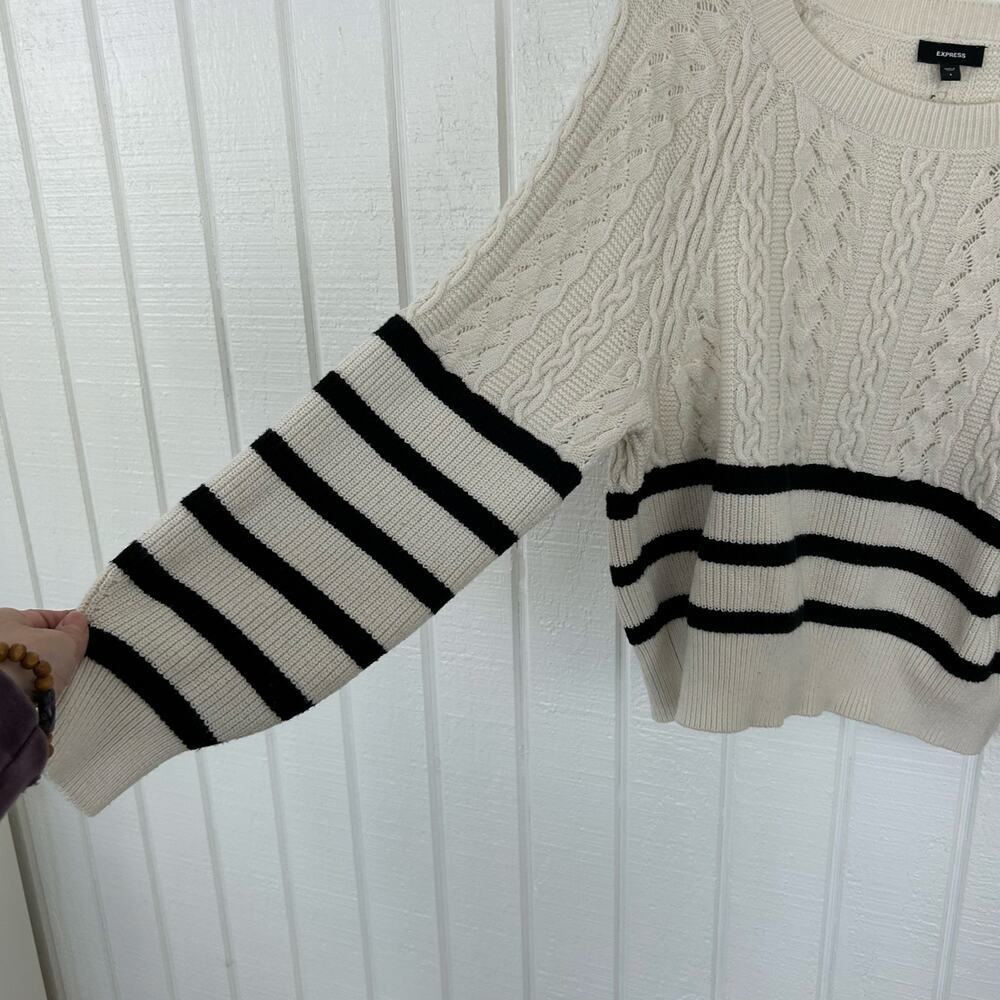 Express Women Cable Knit Striped Long Sleeve Sweater Cream Preppy Size Small - Picture 2 of 5